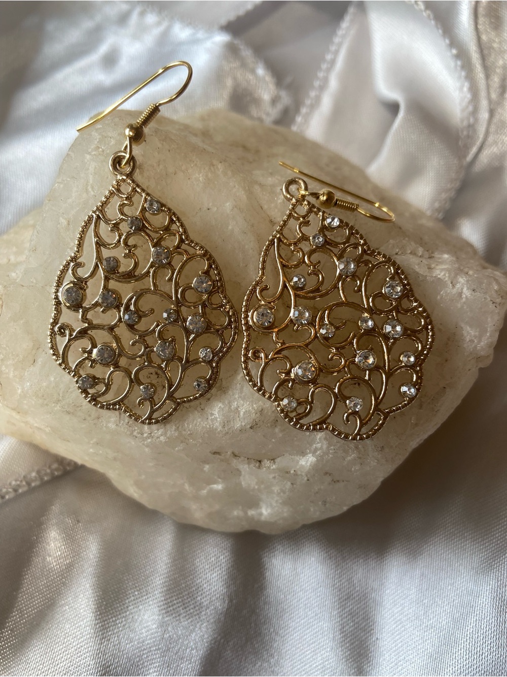 Gold Filigree Teardrop Dangle Earrings with Clear Crystal Accents